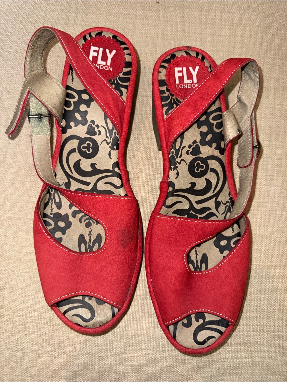 FLY London Red Slingback Open-Toe Sandals with Patterned Insole